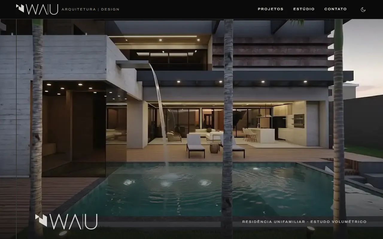 Página do Studio WAU: render noturno de uma residência com lâmina de água caindo na piscina, ocupando toda a tela.