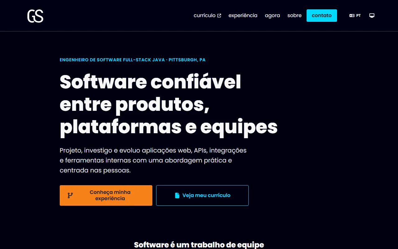 Página de Gabriel Sampaio: título "Software confiável entre produtos, plataformas e equipes" em branco sobre fundo azul-escuro.